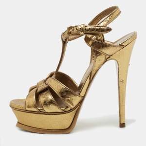 Pre Owned Yves Saint Laurent Gold Leather Tribute Platform Sandals Size 36