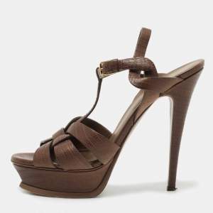 Pre Owned Yves Saint Laurent Brown Lizard Embossed Leather Tribute  Sandals Size 39.5