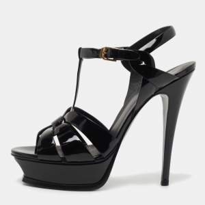 Pre Owned Yves Saint Laurent Black Patent Tribute Sandals Size 39