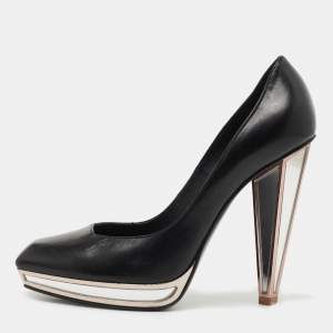 Pre Owned Yves Saint Laurent Black Leather Mirror Heel Platform Pumps Size 37.5