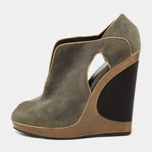 Pre Owned Yves Saint Laurent Grey/Gold Suede and Leather Peep Toe Wedge Pumps Size 38