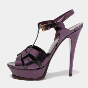 Pre Owned Yves Saint Laurent Metallic Purple Leather Tribute Sandals Size 38.5