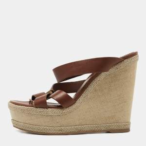 Pre Owned Yves Saint Laurent Brown Leather Platform Slide Wedge Sandals Size 39