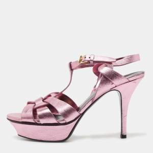 Yves Saint Laurent Metallic Pink Leather Tribute Sandals Size 37