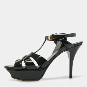 Saint Laurent Green Patent Leather Tribute Platform Sandals  Size 38.5