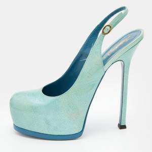 Pre Owned Yves Saint Laurent Green Patent Leather Tribtoo Platform Slingback Pumps Size 39