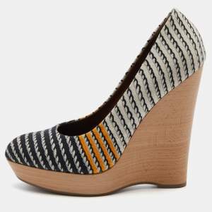 Pre Owned Yves Saint Laurent Multicolor Canvas Platform Wedge Pumps Size 39.5