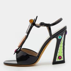 Pre Owned Yves Saint Laurent Black Patent Leather Embellished T-Strap Sandals Size 38.5