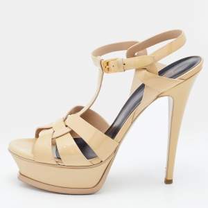 Yves Saint Laurent Beige Patent Leather Tribute Platform Sandals Size 38.5