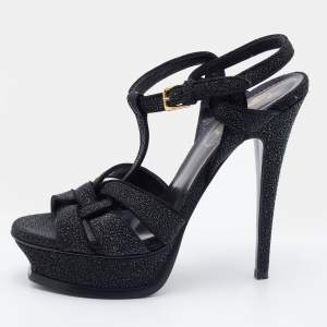 Yves Saint Laurent Black Textured Suede Platform Tribute Sandals Size 36