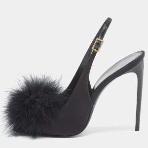 Yves Saint Laurent Black Satin and Fur Slingback Sandals Size 40