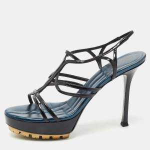Pre Owned Yves Saint Laurent Black Patent Leather Strappy Platform Sandals Size 39
