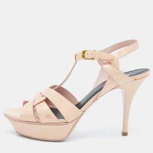 Pre Owned Yves Saint Laurent Peach Patent Leather Tribute Sandals Size 39.5
