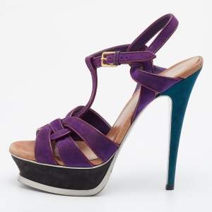 Pre Owned Yves Saint Laurent Multicolor Suede and Leather Tribute Sandals Size 37