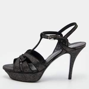 Pre Owned Yves Saint Laurent Black Textured Suede Tribute Sandals Size 39.5