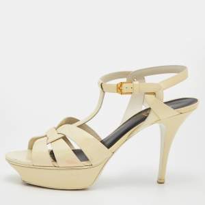 Pre Owned Yves Saint Laurent Off White Patent Leather Tribute Sandals Size 40