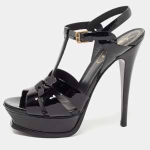 Yves Saint Laurent Black Patent Leather Tribute Sandals Size 37