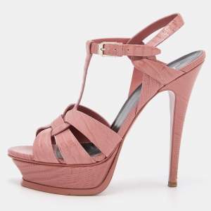 Pre Owned Yves Saint Laurent Old Rose Lizard Embossed Leather Tribute Sandals Size 38