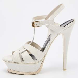 Pre Owned Yves Saint Laurent White Lizard Embossed Leather Tribute Ankle Strap Sandals Size 37