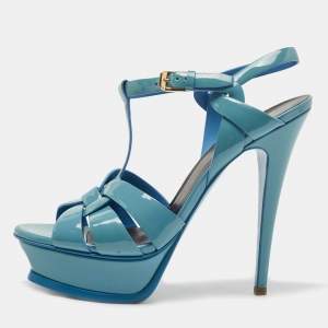Yves Saint Laurent Blue Patent Leather Tribute Sandals Size 38.5