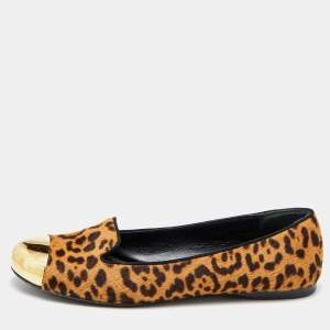 Yves Saint Laurent Brown Leopard Print Calfhair Metal Cap Toe Smoking Slipper Size 38.5