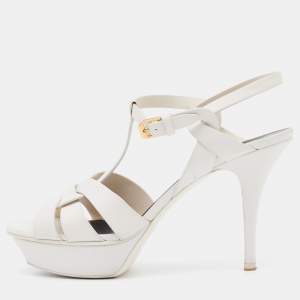 Pre Owned Yves Saint Laurent Off White Leather Tribute Platform Sandals Size 39.5