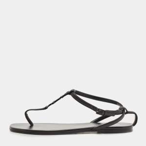 Saint Laurent Black Leather Logo T-Strap Flat Thong Sandals Size 36.5