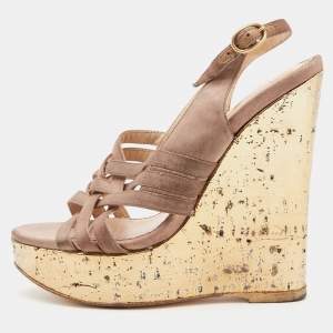 Pre Owned Yves Saint Laurent Brown Satin Wedge Sandals Size 35