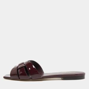 Saint Laurent Burgundy Patent Leather Tribute Flat Slides Size 36.5
