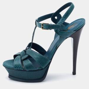Pre Owned Yves Saint Laurent Teal Lizard Embossed Leather Tribute Sandals Size 38