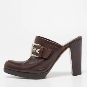 Pre Owned Yves Saint Laurent Dark Brown Leather Buckle Platform Mules Size 36