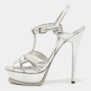 Pre Owned Yves Saint Laurent Silver Leather Tribute Sandals Size 38