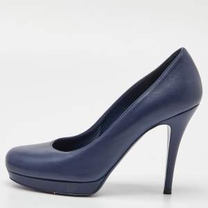 Pre Owned Yves Saint Laurent Navy Blue Leather Platform Pumps Size 37