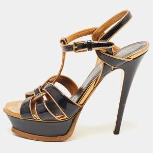 Yves Saint Laurent Gold/Black Patent Tribute Ankle Strap Sandals Size 37.5