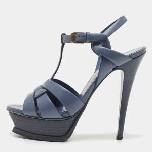 Pre Owned Yves Saint Laurent Navy Blue Leather Tribute Platform Ankle Strap Sandals Size 36