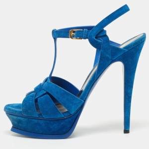 Pre Owned Yves Saint Laurent Blue Suede Tribute Ankle Strap Sandals Size 40.5