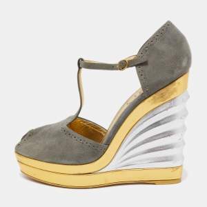 Pre Owned Yves Saint Laurent Grey Suede T-strap Wedge Platform Pumps Size 39.5