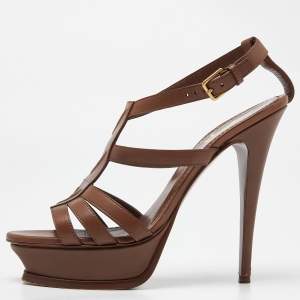 Pre Owned Yves Saint Laurent Brown Leather Platform Sandals Size 40