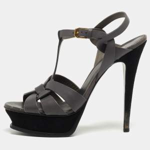 Pre Owned Yves Saint Laurent Grey Leather and Suede Tribute Sandals Size 38.5
