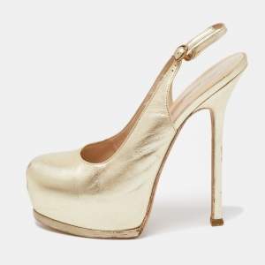 Yves Saint Laurent Gold Leather Tribtoo Slingback Pumps Size 38