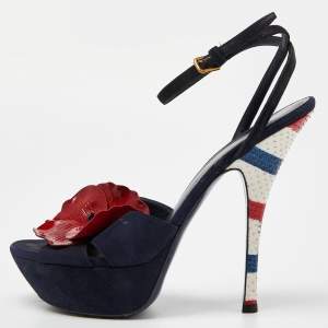 Pre Owned Yves Saint Laurent Navy Blue Suede Flower Embellished Ankle Strap Sandals Size 39