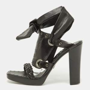 Pre Owned Yves Saint Laurent Black Leather Open Toe Ankle Wrap Sandals Size 37