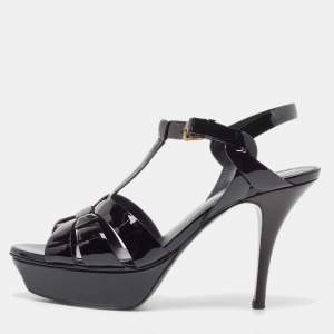 Pre Owned Yves Saint Laurent Black Patent Tribute Ankle Strap Sandals Size 36.5