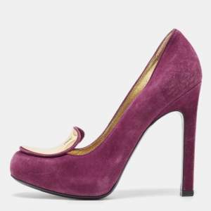 Yves Saint Laurent Purple Suede Plaque Embellished Round Toe Pumps Size 36.5