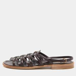 Pre Owned Yves Saint Laurent Brown Leather Strappy Slingback Flat Sandals Size 41