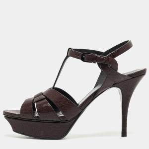 Pre Owned Yves Saint Laurent Burgundy Leather Tribute  Ankle Strap Sandals Size 40