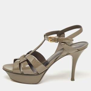 Pre Owned Yves Saint Laurent Grey Patent Tribute Ankle Strap Sandals Size 38.5