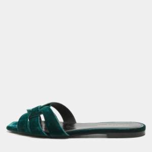 Pre Owned Yves Saint Laurent Green Velvet Tribute Flat Slides Size 38.5
