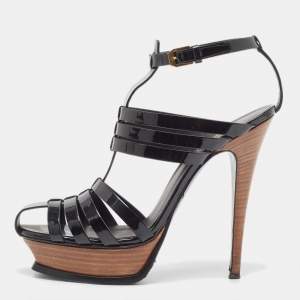 Yves Saint Laurent Black Patent Tribute Ankle Strap Sandals Size 39