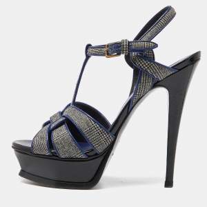 Pre Owned Yves Saint Laurent Grey/Blue Fabric and Leather Tribute Ankle Strap Sandals Size 37.5